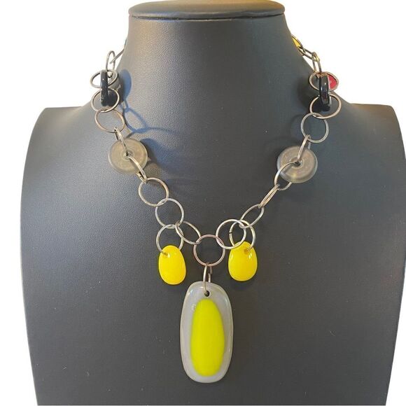 Hand blown Yellow & Gray Glass Beaded Artisan Made & Created Statement Necklace - Picture 6 of 6